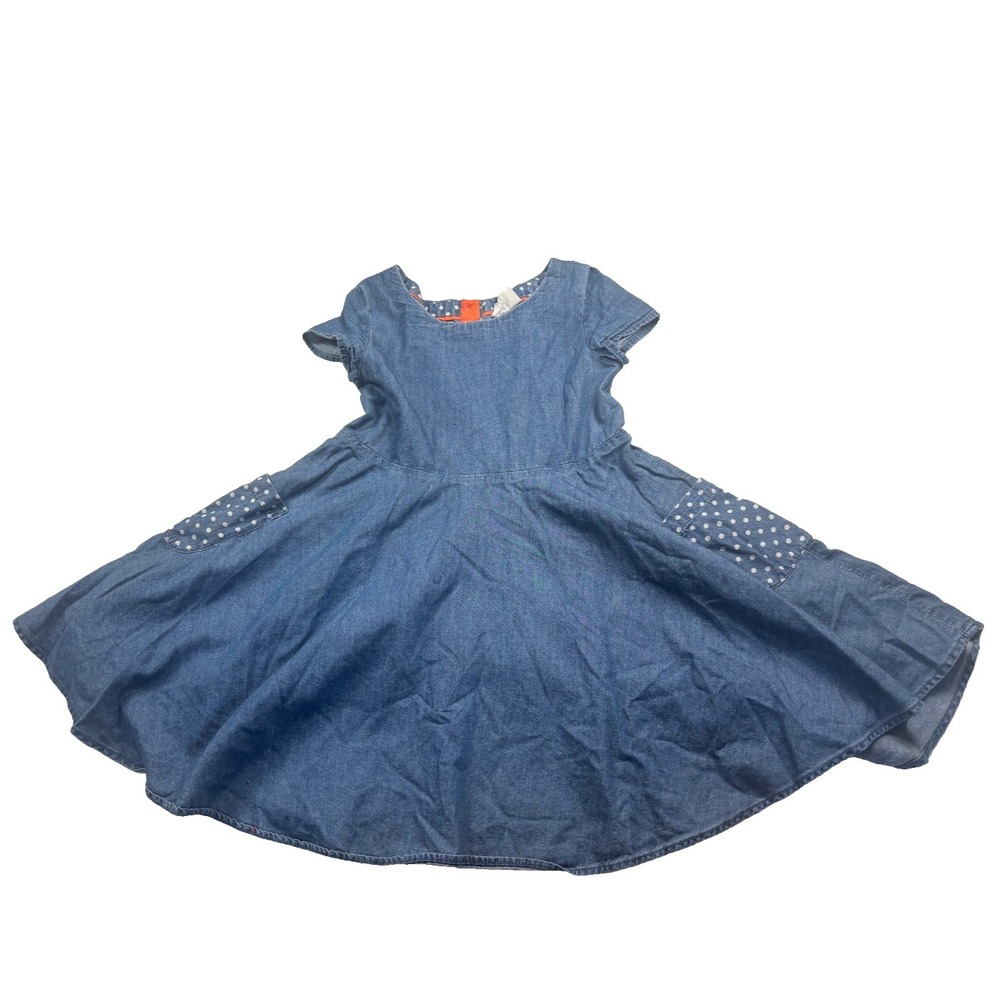 Mini Boden Denim Dress Polka Dot Pockets Blue Flare Girls Size 5-6Y Cute Classic